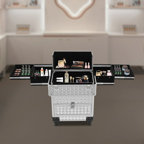 Peakora Professional Rolling Makeup Train Case Aluminum Cosmetic Case Makeup Organizer Travel Case Trolley Makeup Travel Organizer with 360° Swivel Wheels & Adjustable Pull Rod Silver