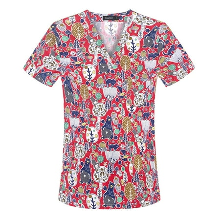 

TAIAOJING Women Scrubs Top Short Sleeve V Neck Cartoon Printed Top Nursed Working T Shirts Blouse With Pockets