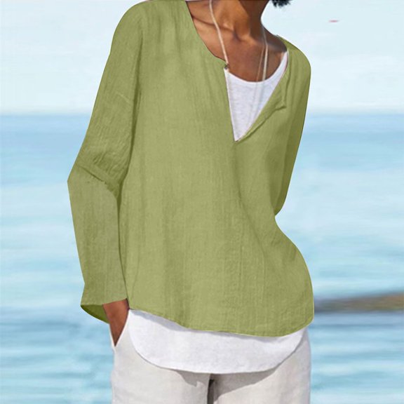 Lolmot Linen Shirts for Women Fashion Plus Size Solid Color Loose Casual Long Sleeve V Neck Tees Shirts Tops