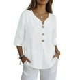 thumbnail image 6 of BSDJILFG Womens Linen Shirts 3/4 Sleeve Boho Top Buttons V-Neck Tees Casual Loose Fit Solid Color Summer Blouses 2026, 6 of 8