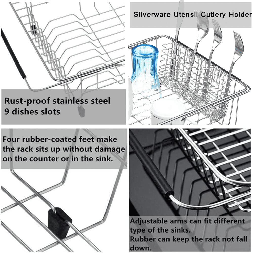 SANNO Large Expandable Dish Drying Rack with Utensil Cutlery Holder Sink Dish Rack, Deep Large Dish Drainer Dish Rack in Sink on Counter, Stainless Steel
