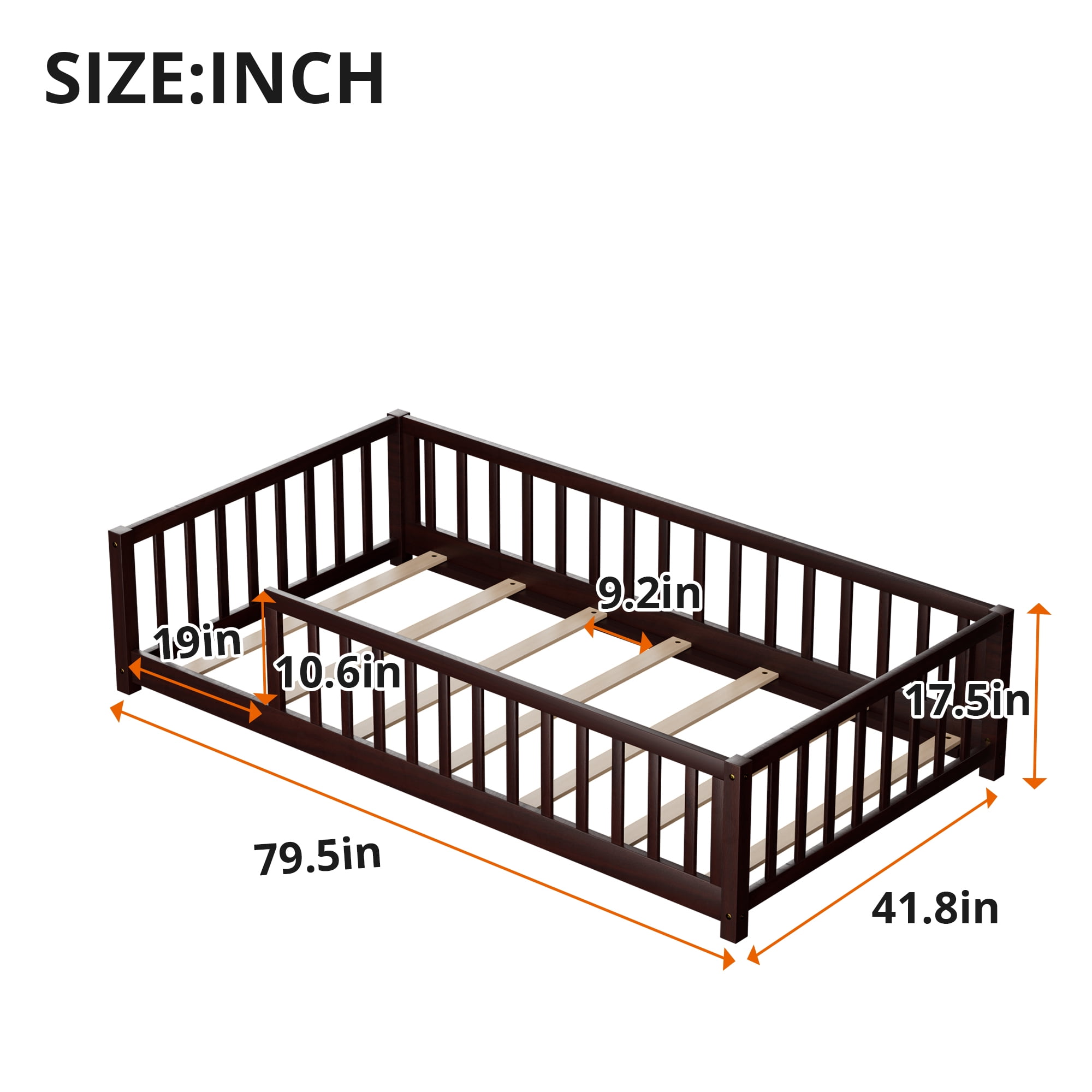 Twin Floor Bed, Wooden Montessori Bed Frame with Fence, Floor Platform Bed with Slats Support, Montessori Floor Bed for Toddlers Boy Girls, Espresso