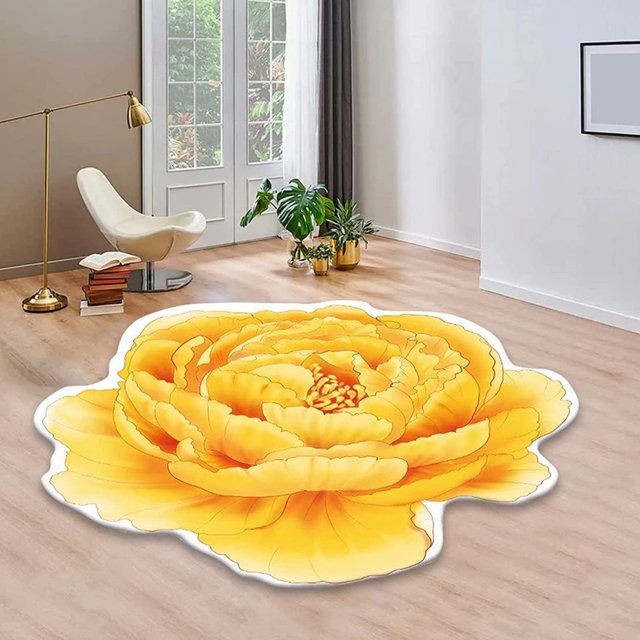Floral Area Rugs Peony Flower Shape Area Rugs Non-Slip Rugs Floral Shaggy Carpet Bath Mat for Living Room Bedroom Home Decor, Yellow, 2'x2'