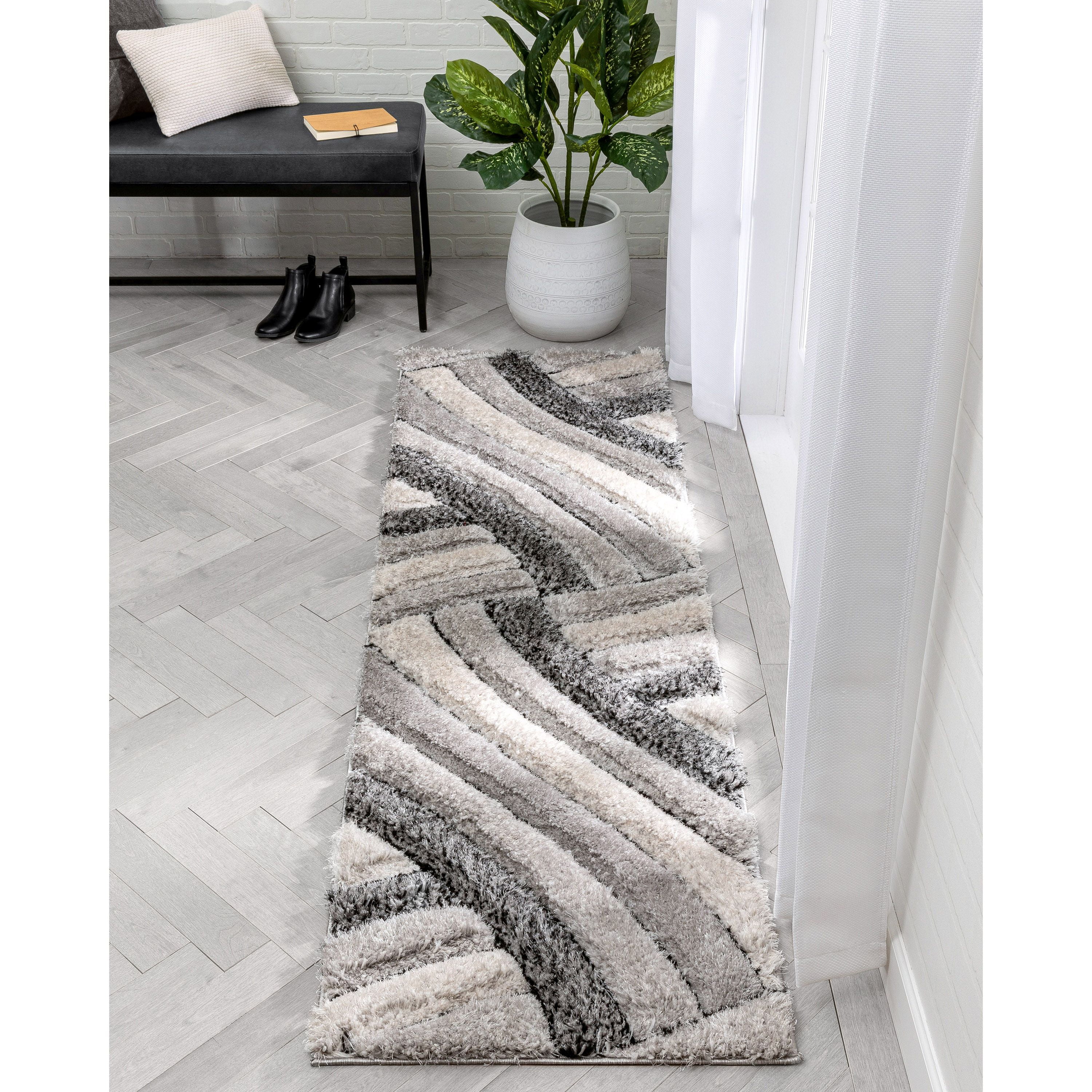 Well Woven Tilly Grey Geometric Stripes Thick Soft Plush 3D Textured Shag Area Rug