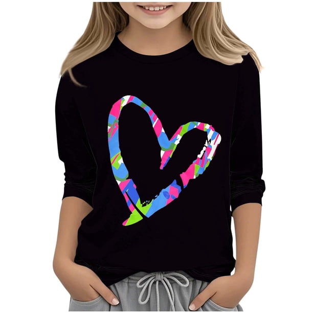 Blusas y camisas de cuello redondo y manga larga para niños, blusas/camisas de poliéster con estampado de corazones, mangas 3/4 y cuello redondo, elegantes e informales.