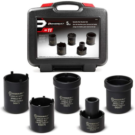 

Powerbuilt Spindle Nut Socket Tool Kit 5 Piece Remove Spindle Nuts Various Size Lug Out Spindle Sockets Size Markings Storage Case - 648636