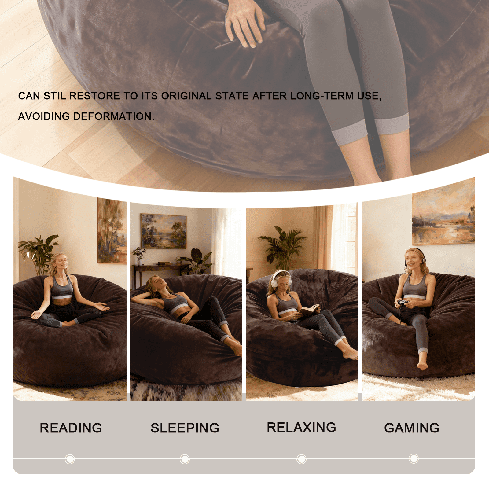 Sanae 6FT Large Bean Bag Chair, Memory Foam Sofa with Washable Suede Cover, Reinforced Zipper for Adults Kids, Reading, Living Room Bedroom, Brown