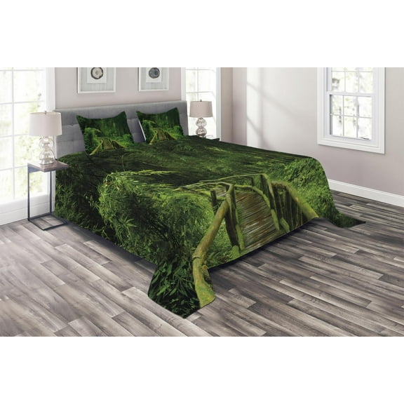 Ambesonne Jungle Quilted Coverlet 3 Pcs, Tropical Thailand Forest, Queen Size, Green