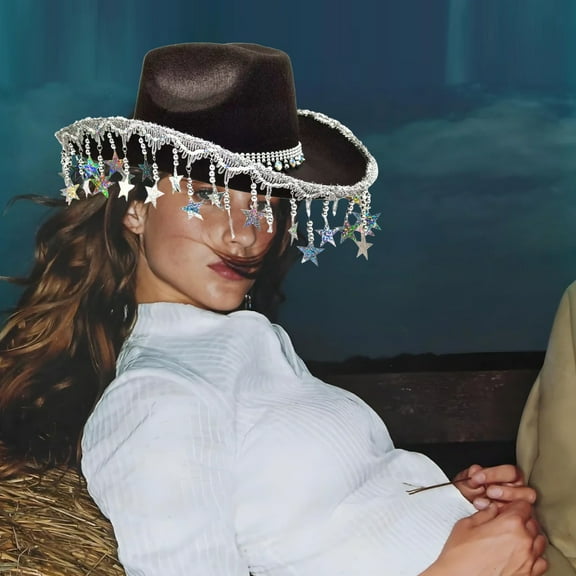 Kojanyu Women's Sparkling Cowboy Hat,Five-Pointed Star Tassel Party Hat For Christmas Western Events