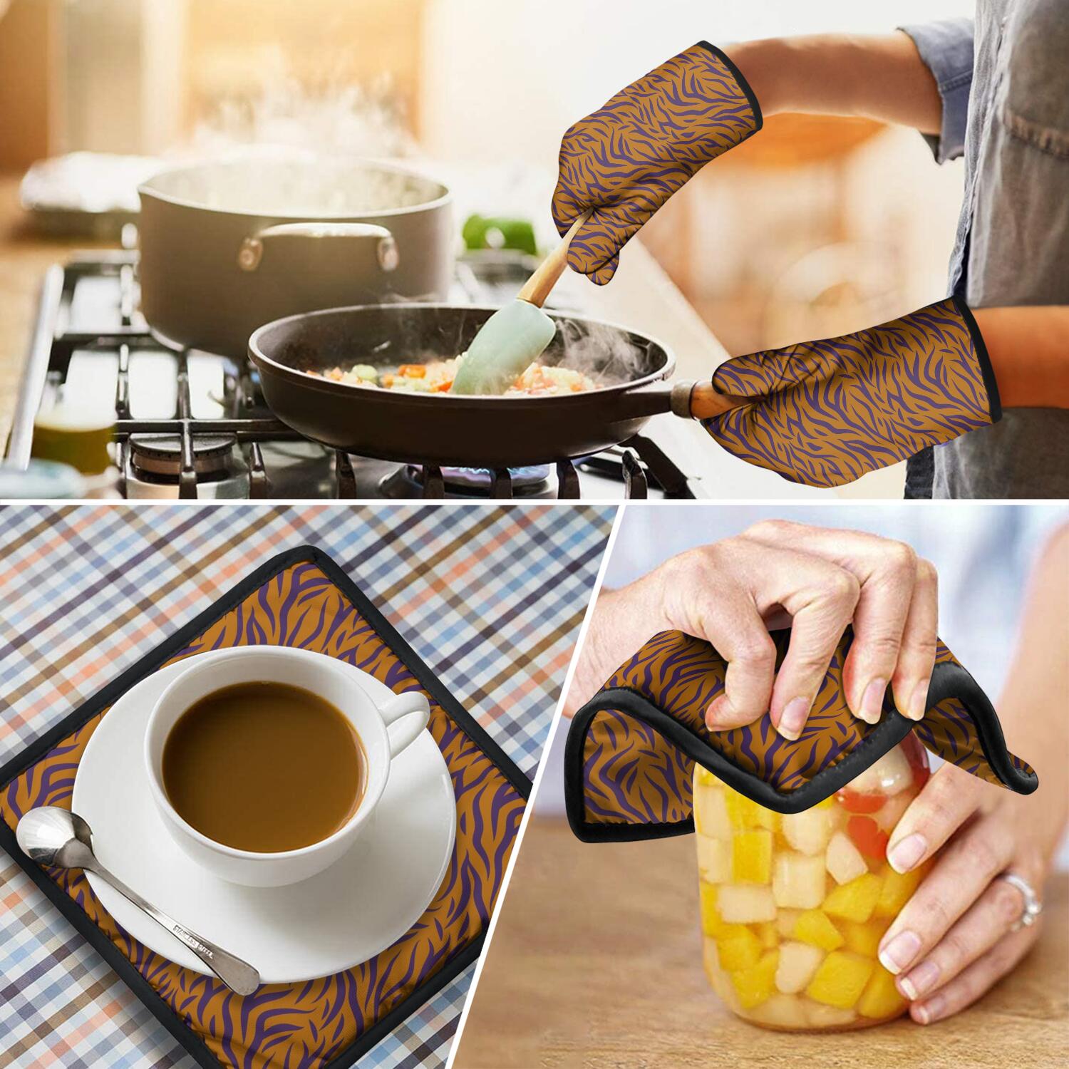 Leopard Print Oven Mitts and Pot Holders Set Of 4, Heat Resistant Kitchen Gloves with Non-Slip Grip, Hanging Loop, Soft Cotton Lining for Baking, Cooking, Grilling, Barbecue