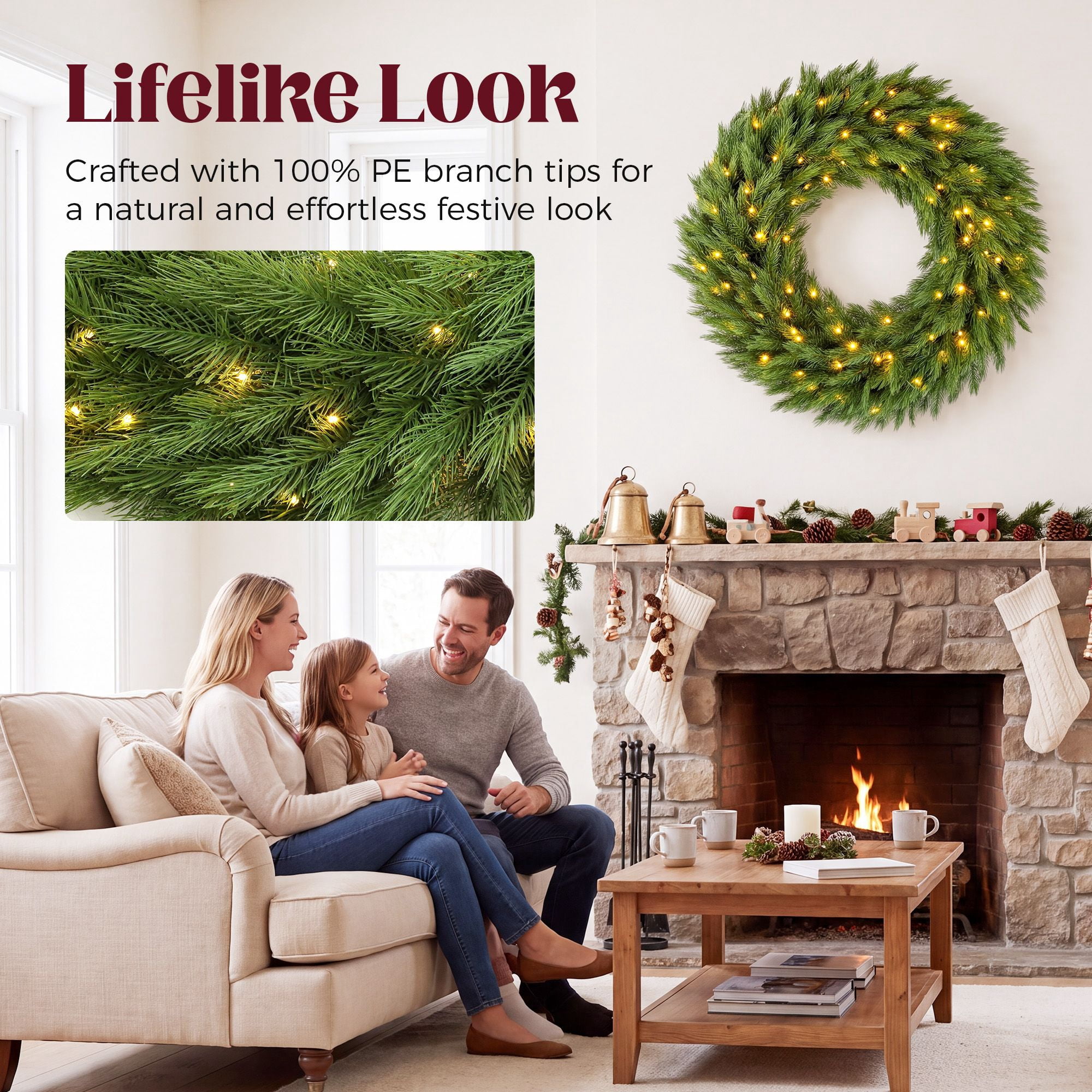 Pre-Lit Artificial Christmas Wreath, 36 in Norwegian Spruce with 100 Warm White LED Lights, 450 Branch Tips, Indoor and Covered Outdoor Holiday Door Decor