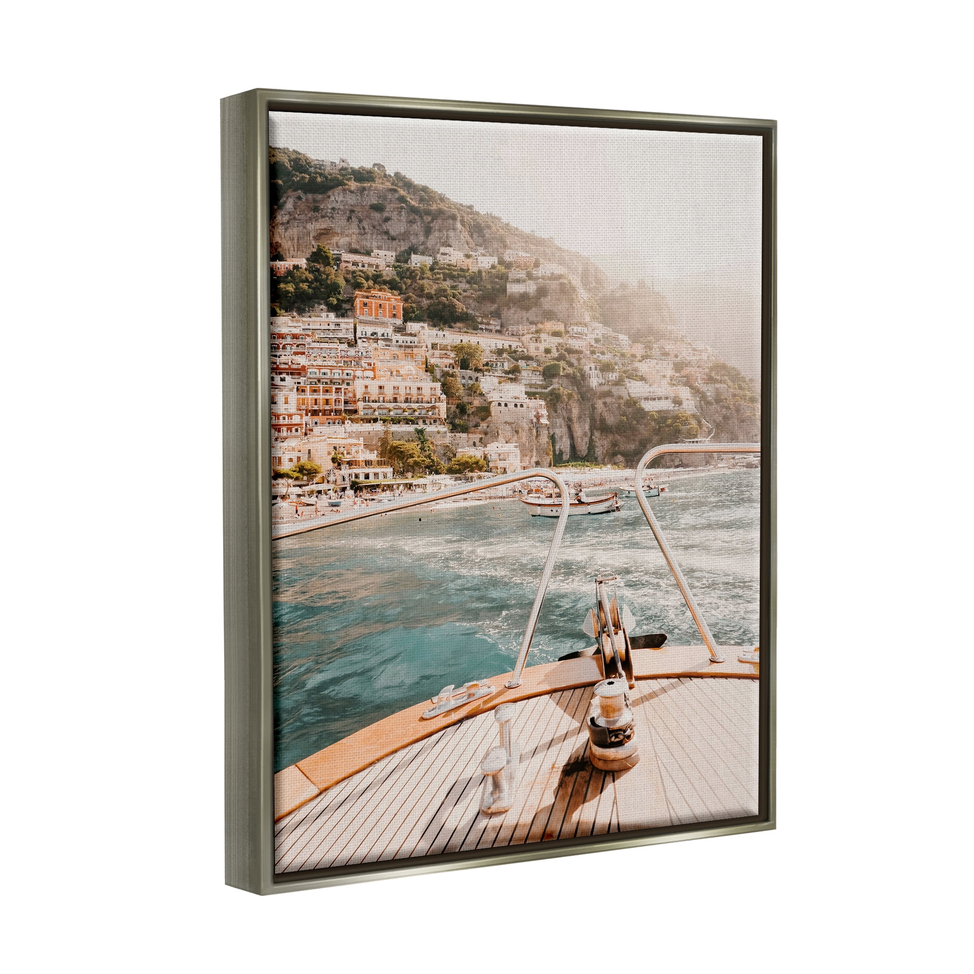 Stupell Boating Coastal Seaside Town Buildings Landscape Photography Gray Floater Framed Art Print Wall Art
