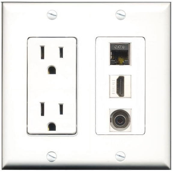 RiteAV - 15 Amp Power Outlet 1 Port HDMI 1 Port Shielded Cat6 Ethernet Ethernet 1 Port 3.5mm Decorative Wall Plate