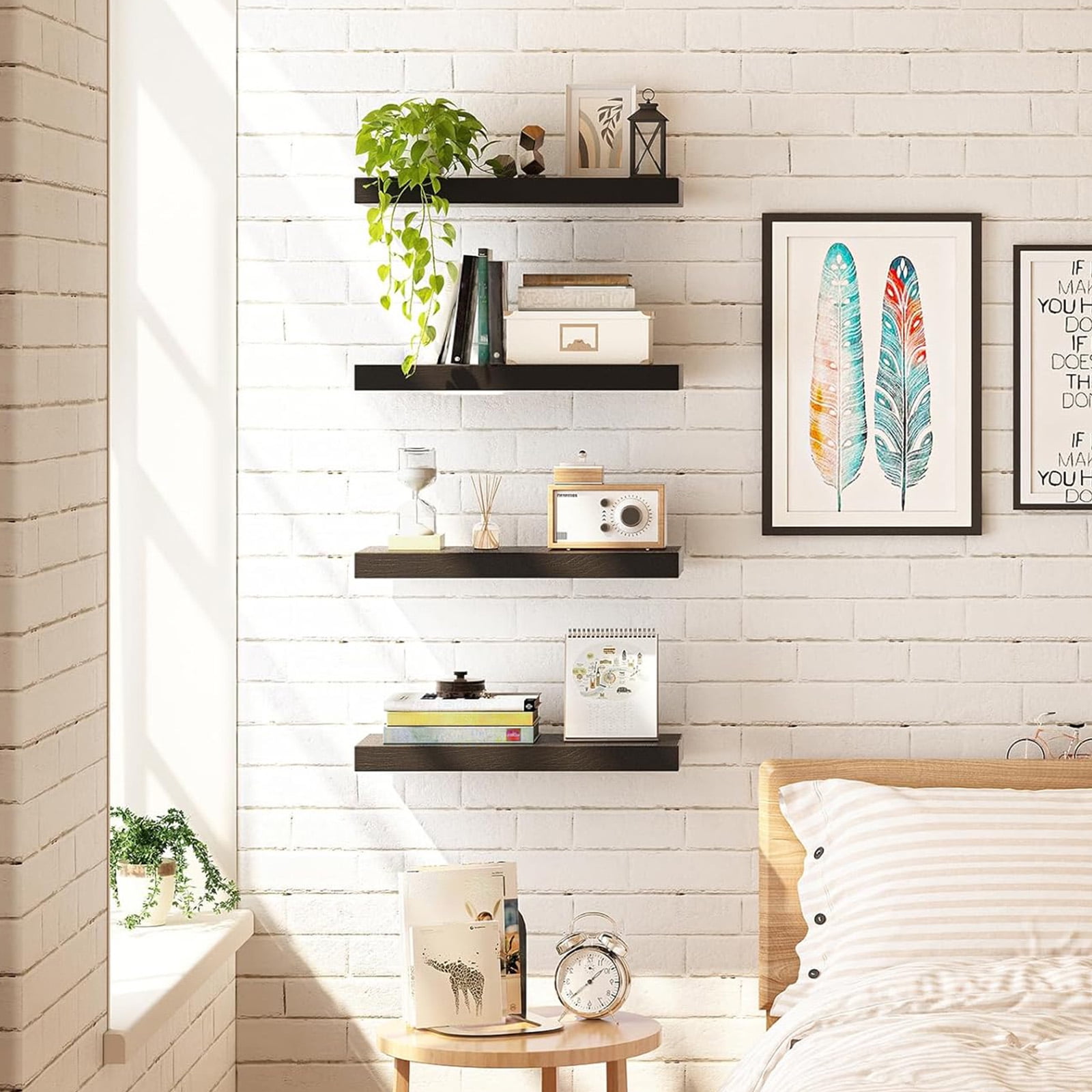 Fairy 15.8in Floating Shelves, Set of 6 Wood Shelves, Farmhouse Shelf Wall Decor, Black