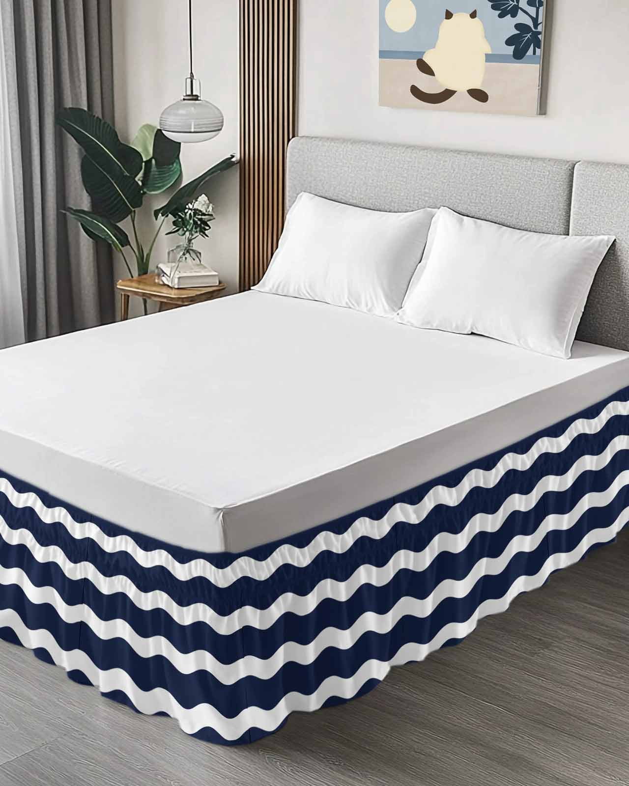 Navy Blue Bed Skirt King Size 16&nbsp;Inch Drop, Wavy Stripes Wrap Around Dust Ruffle Bedskirts, Wrinkle & Fade Resistant Easy Fit Bedskirt with Adjustable Elastic