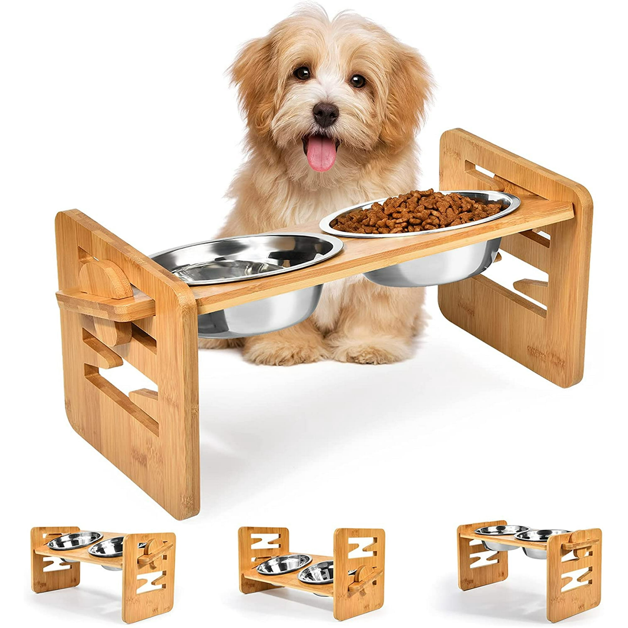 Raised Tilted Dog Bowl for Small Dogs Elevated Slanted Feeding Bowl for Cat dog Pet Food and Water Bowl with Adjustable Bamboo Stand Anti Slip Dog Cat Feeder with 2 Stainless Steel Bowls