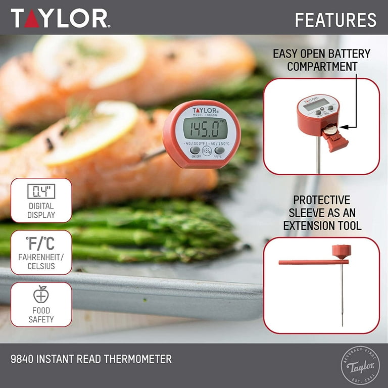 Taylor Instant Read Analog Meat Food Grill BBQ Cooking Kitchen Thermometer  with Red Pocket Sleeve for Calibration, 1 inch dial, Stainless Steel