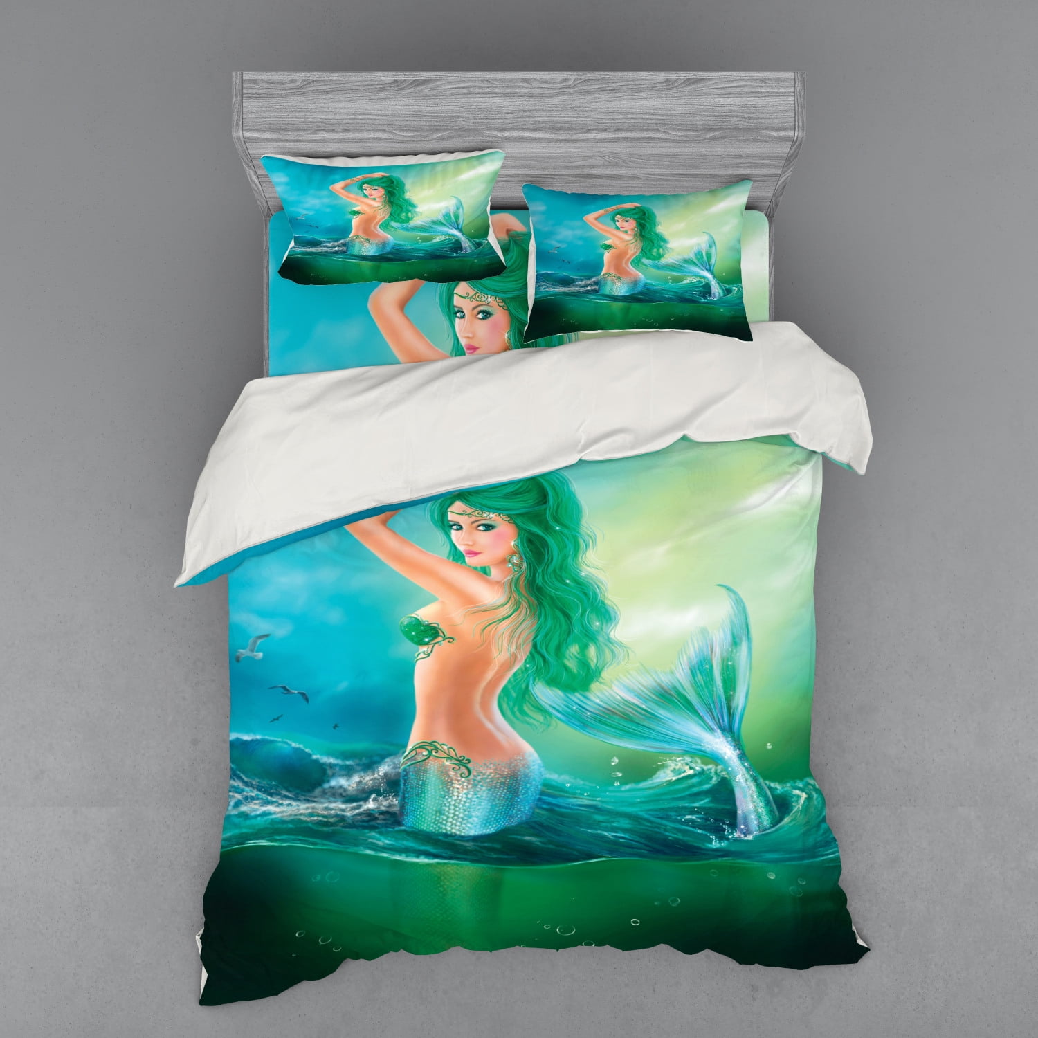 Underwater Duvet Cover Set, Mermaid in Ocean on Waves Tail Sea