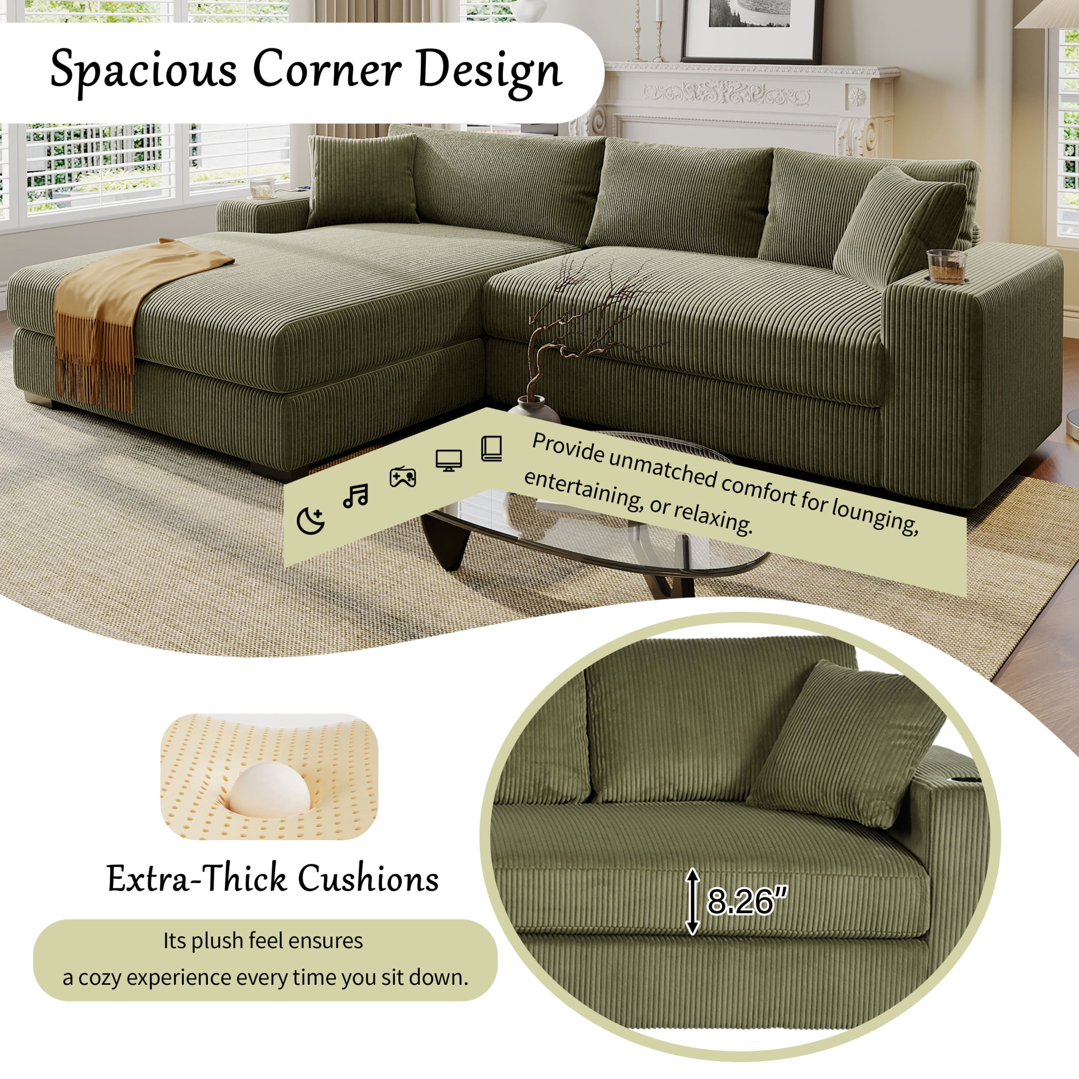 Christopher Knight Home Modern L-Shaped Sectional Sofa with Cup Holders & Charging Ports, Green