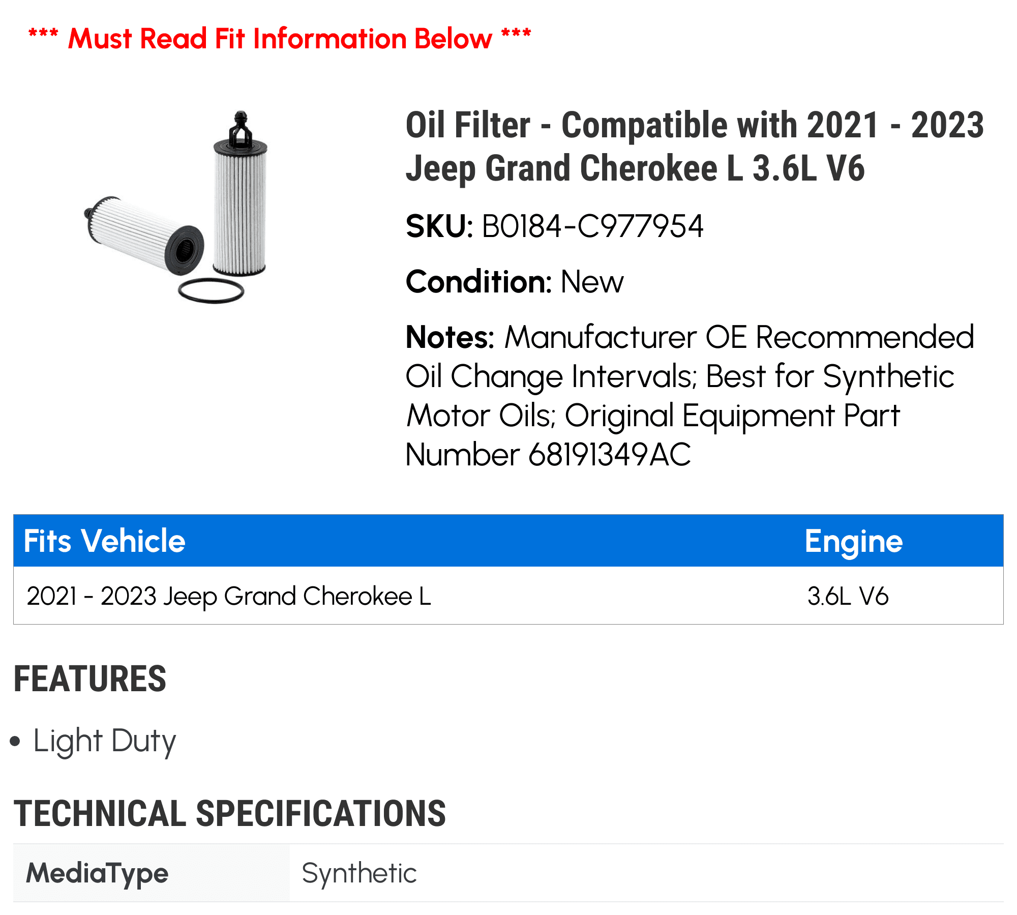 Oil Filter - Compatible with 2021 - 2023 Jeep Grand Cherokee L 3.6L V6 2022