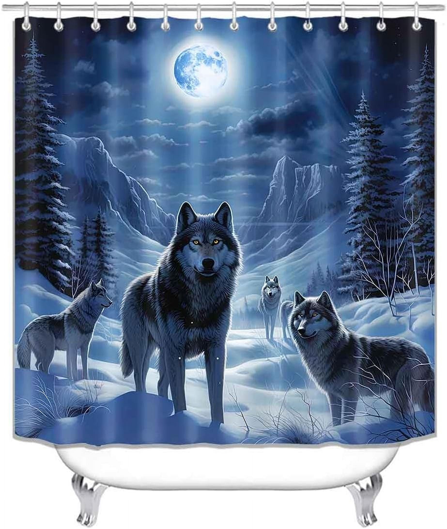 4PCS Wolf Shower Curtain Set, Wild Animal Wildlife Wolves Bathroom Decor, Waterproof Fabric Teal Shower Curtain, Non-Slip Bath Mat Bathroom Rugs, Wolf Gifts for Men Teen Boys