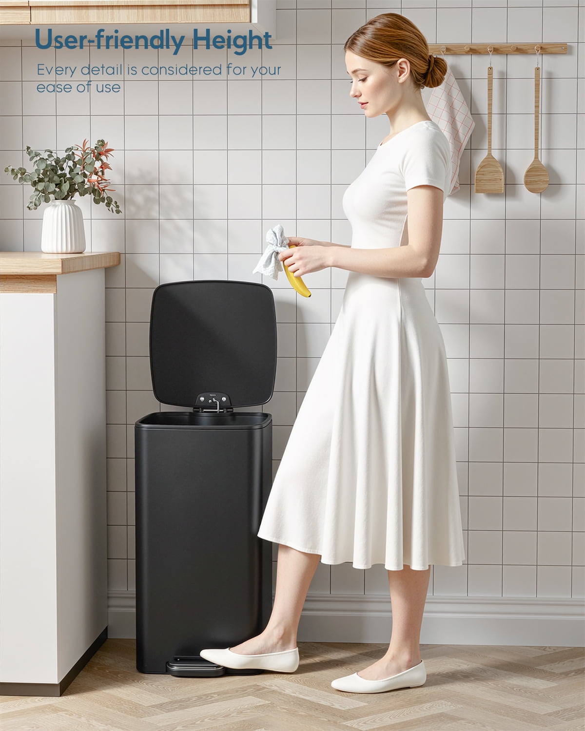 TLSUNNY 8 Gal Slim Square Trash Can, Stainless Steel Step Garbage Bin, Soft-Close Lid & Removable Inner Bucket for Kitchen, Office, Home