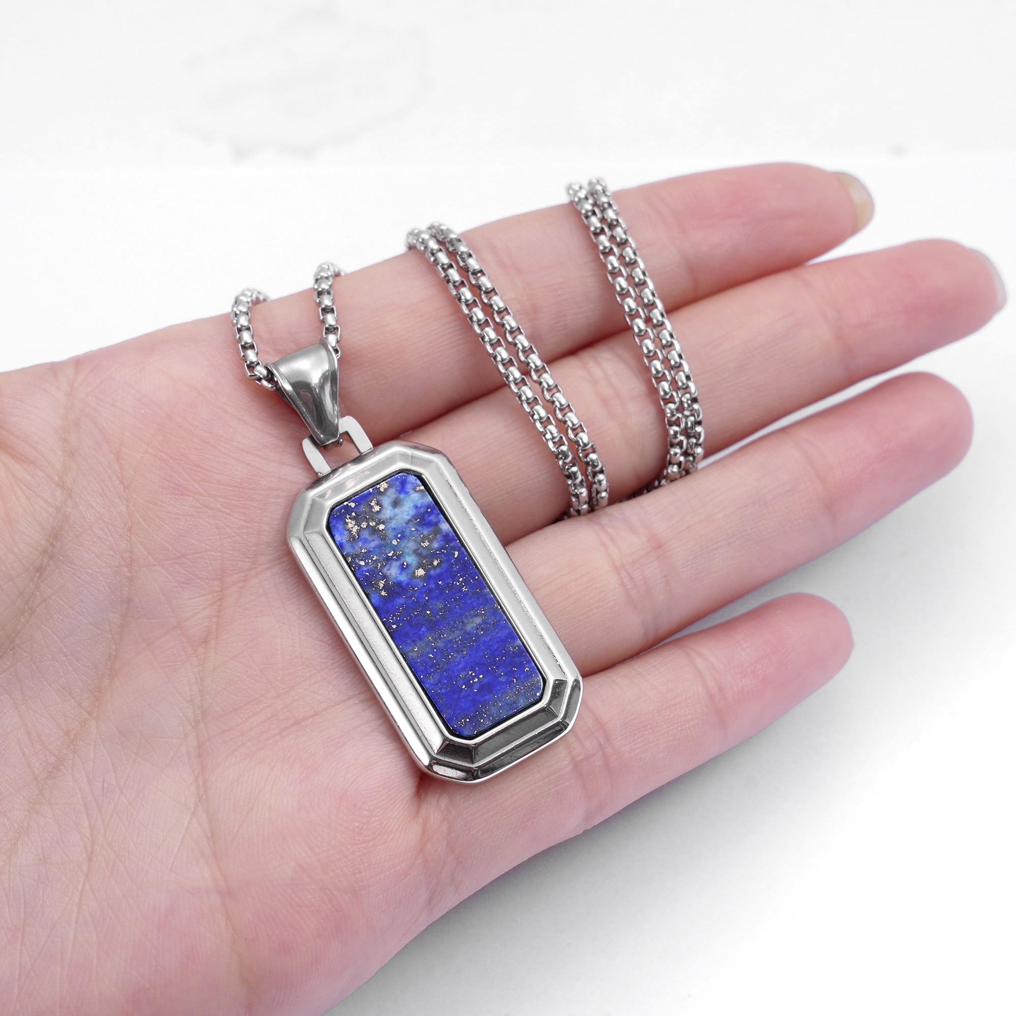 Iron Saints Men Lapis Lazuli Blue Bead Pendant Necklace, Stainless Steel, Natural Gems