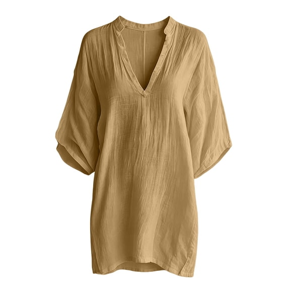 WCJM Womens Swimsuit Cover Up Shirt V Neck Short Sleeve Bathing Suit Cover Up Summer Beach Cover Ups (Beige,M)