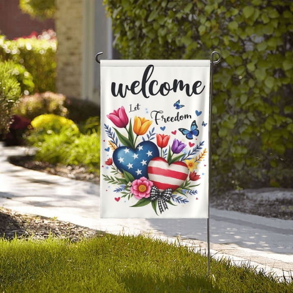 Patriotic Hearts & Flowers Welcome Garden Flag Double Sided 12x18 Inch Outdoor Yard Decor Summer Spring Floral American Flag Design House Banner Birthday Gifts for Men Women