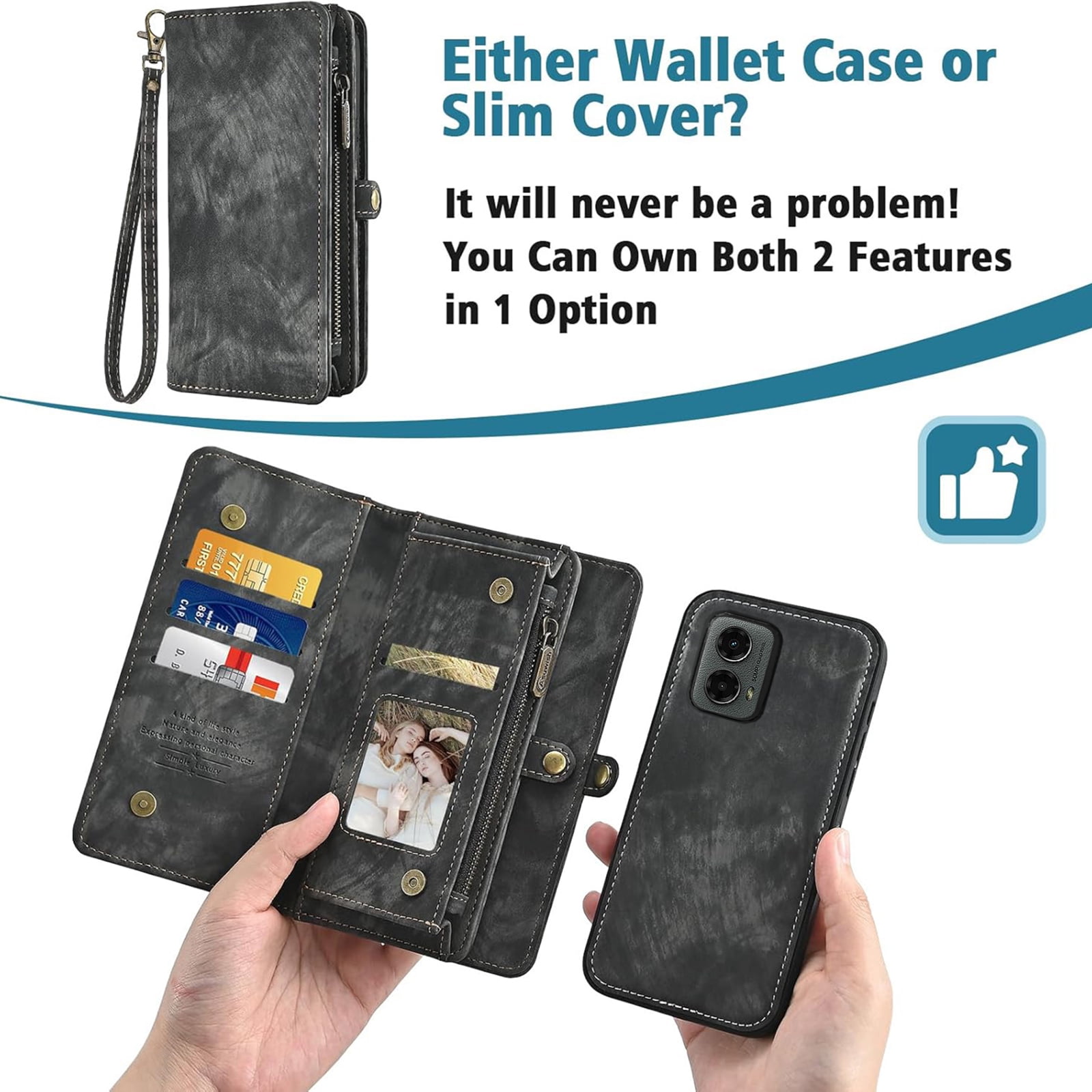 Asuwish Compatible with Motorola Moto G 5G 2024 Phone Case Zipper Wallet Detachable Tempered Glass Screen Protector Crossbody Lanyard Strap Flip Card Holder Slot Cell Cover for G5G 5 G G5 Women Black