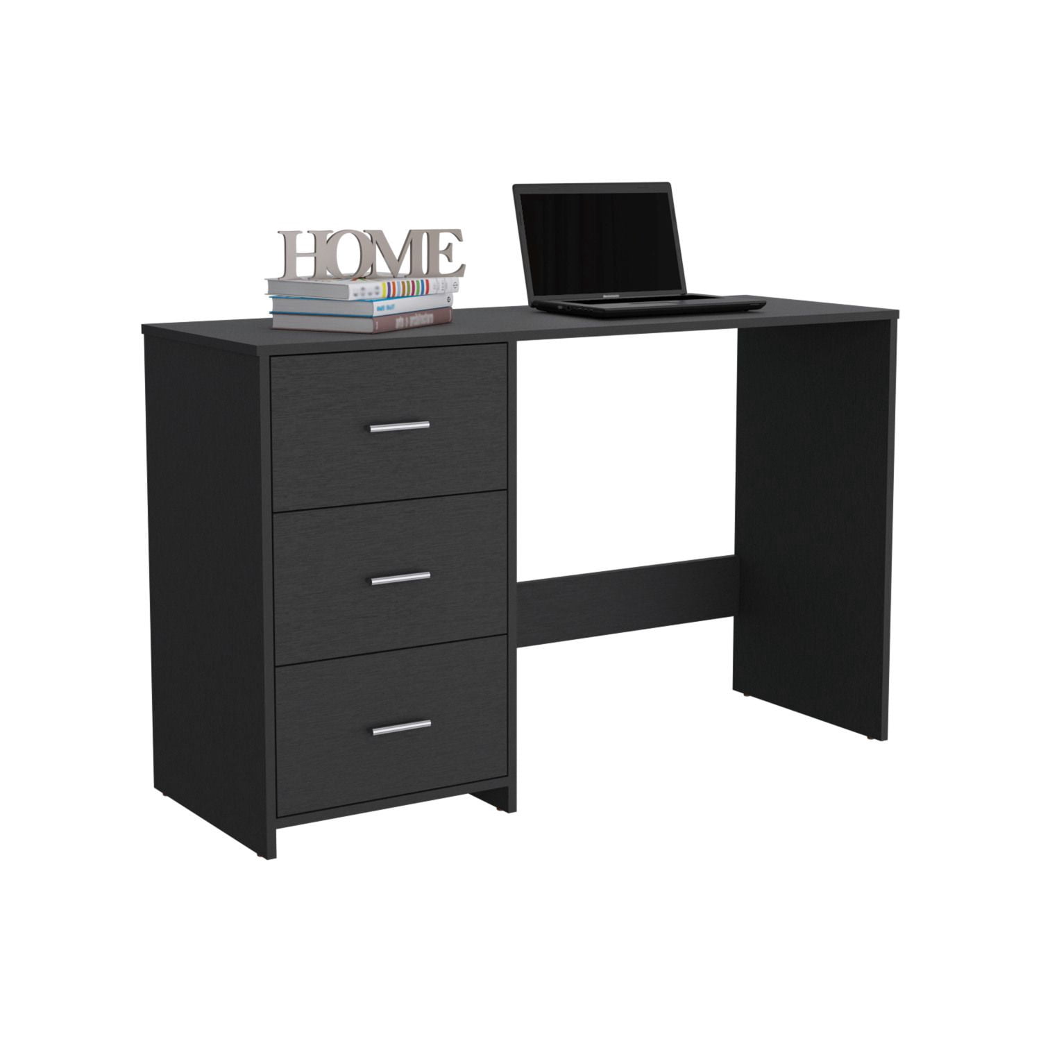 Asteroutdoor Writing Desk with 3 Drawers, Black, 47.5 in Wide, 30 in High, Particle Board, Home Office and Remote Learning