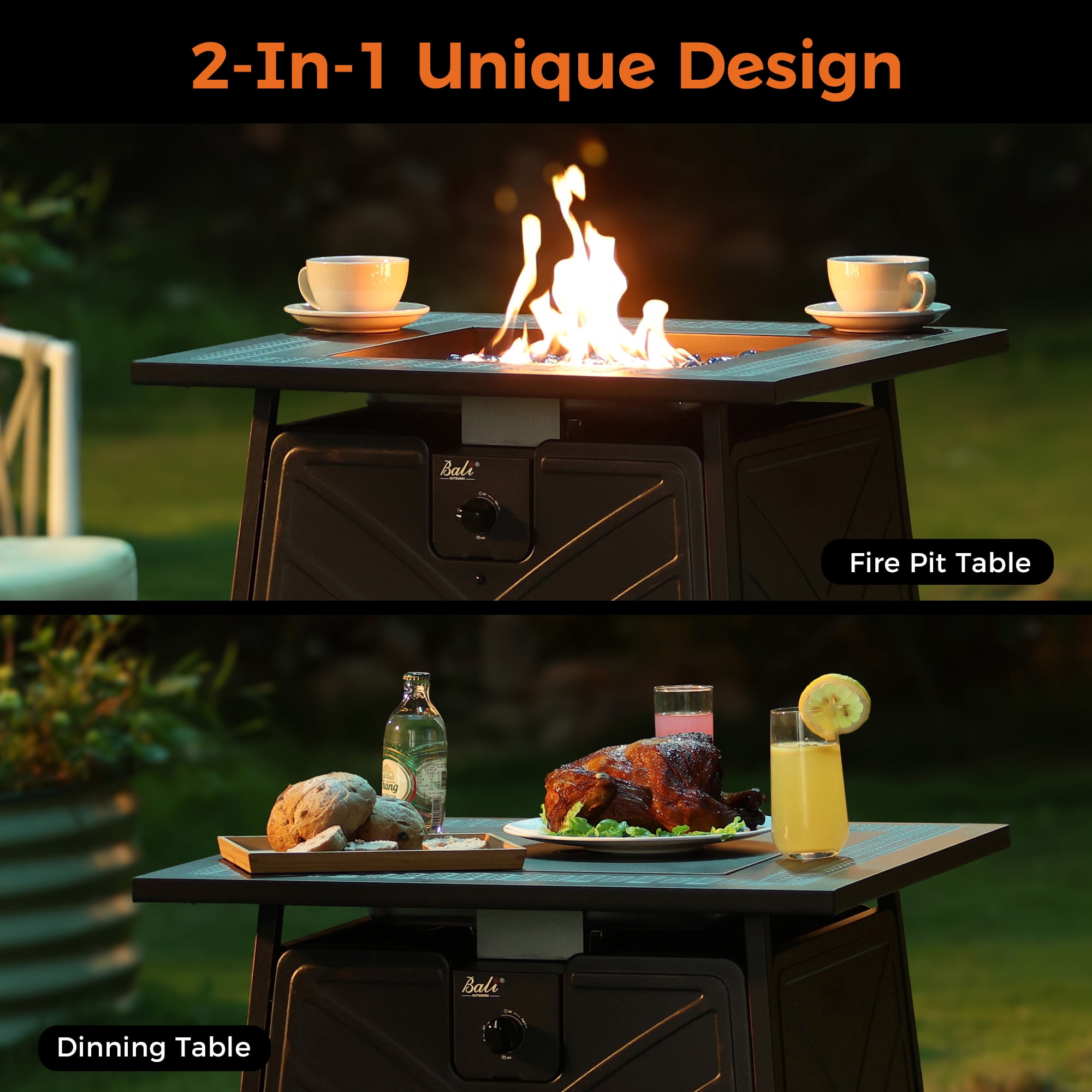 Bali Outdoors 28" Gas Fire Pit Table, 50,000 BTU Square Propane Fire Pit with Lid and Blue Glass Stones for Outdoor Patio