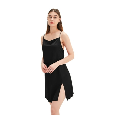 

ZOYONE Women Sexy Spaghetti Strap Satin Nightgown Cowl Neck Side Split Plain Solid Color Sleep Dress Long Slip Nightdress Chemise Lingerie Sleepwear