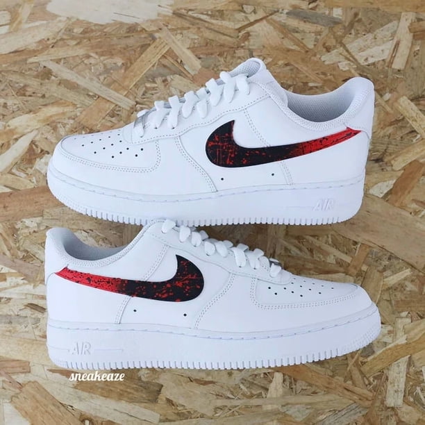 Air Force 1 Low Custom White Shoes Black & Red Splatter Swooshes Comic Art Style