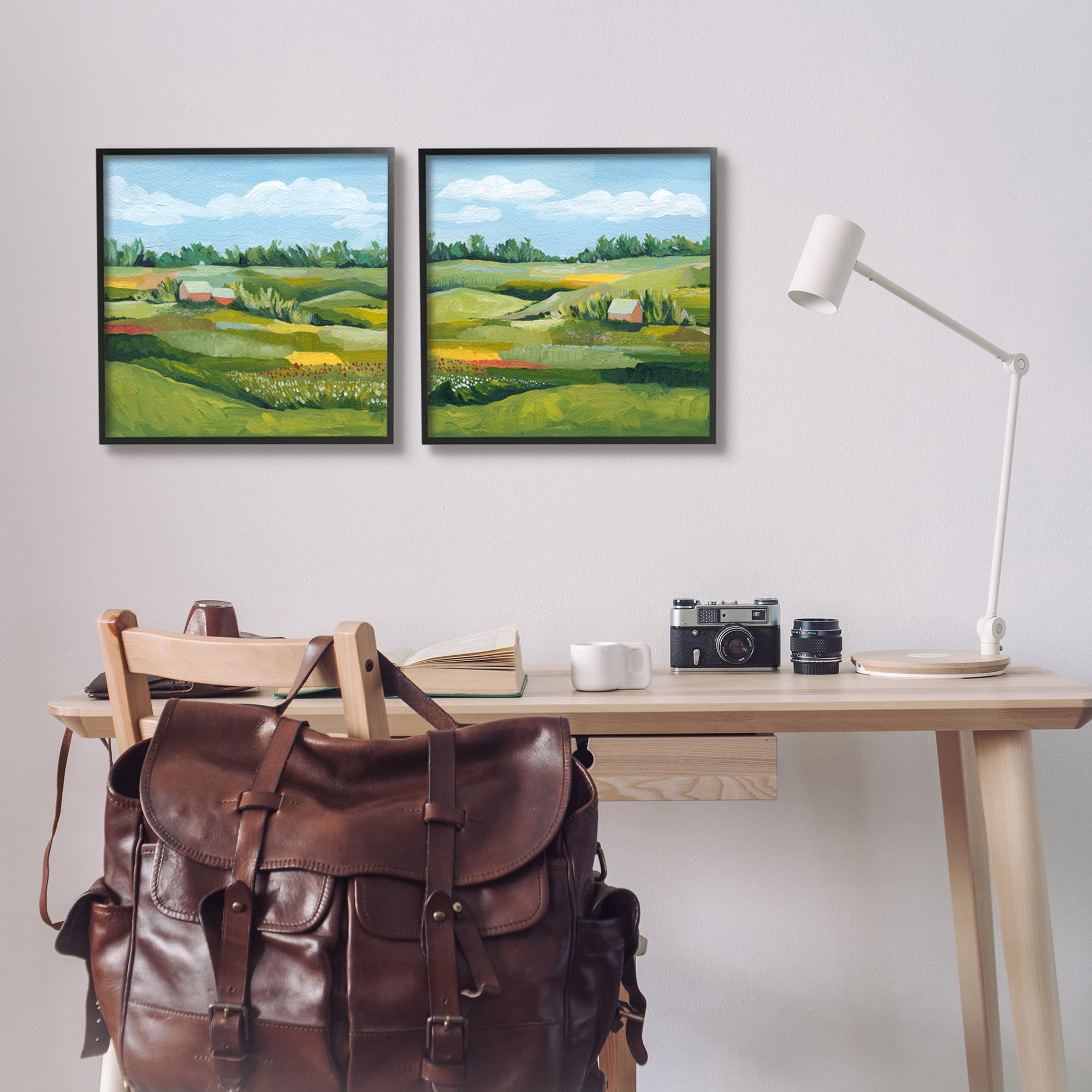 Stupell Rural Country Farm Pastures Landscape Painting Black Framed Art Print Wall Art, Set of 2