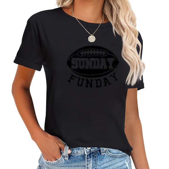 Womens Sunday Funday Letters Print T Shirt Women Football Sport Casual Short Sleeve Top Black 2XL