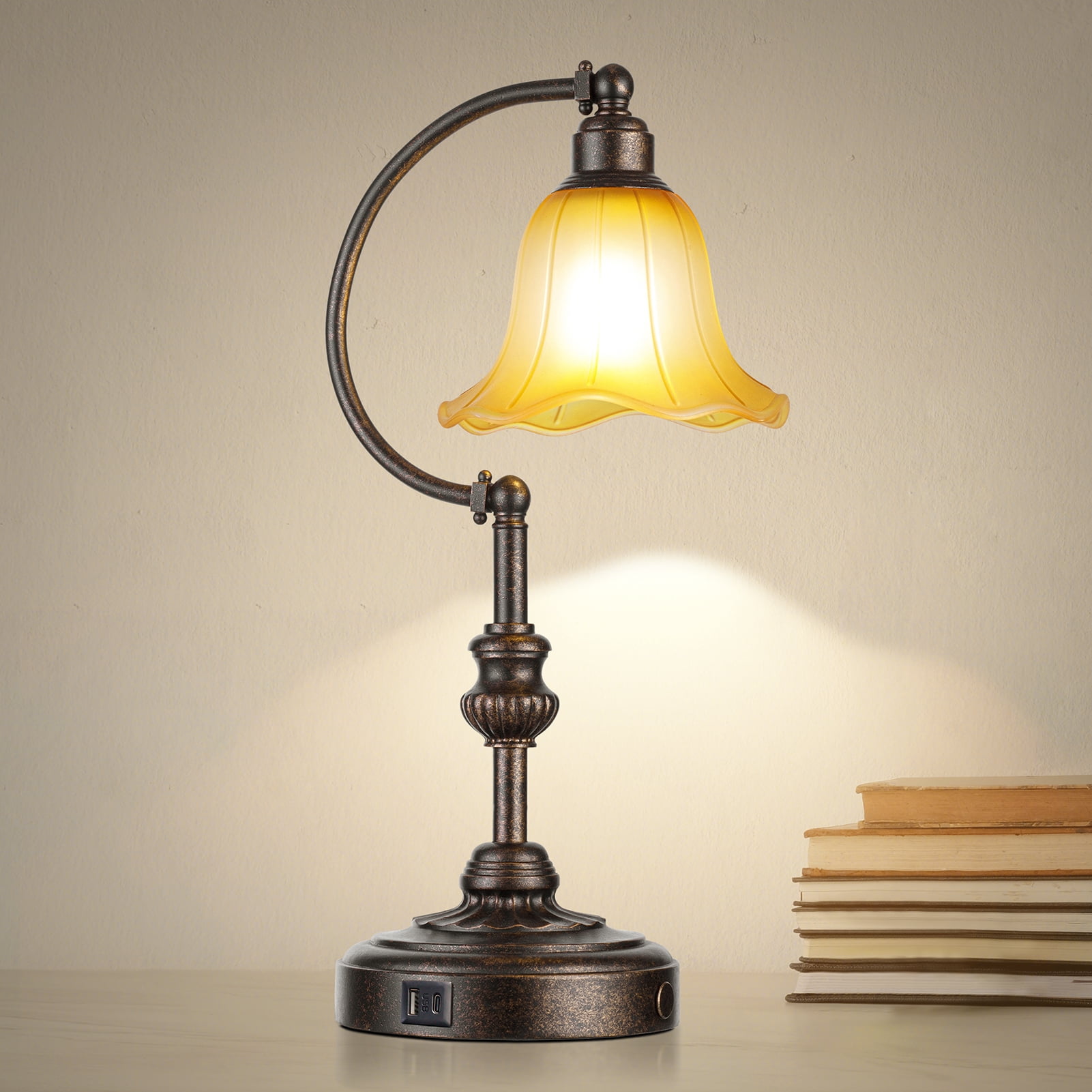 RORIA Rustic Farmhouse USB A+C Charging Port Touch Table Lamps, 3-Stage Dimmable Bedside Lamp 20", Amber Vintage Glass Lampshade for Living Room Bedroom Nightstand