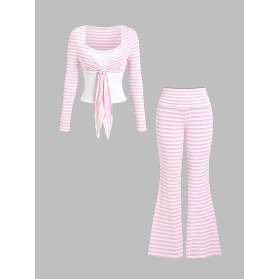 Women's Tie Front Long Sleeve Layered Top & High Waist Flare Pants Cute 2 Piece Outfit Set