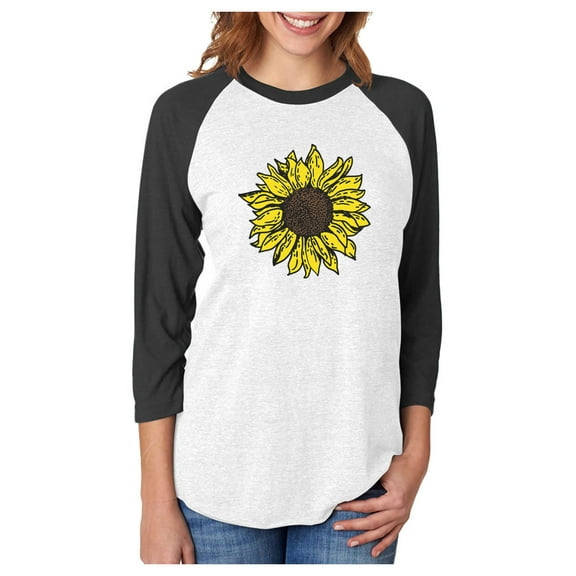Tstars Sunflower Shirt for Women Girls: Cute & Casual Summer 3/4 Sleeve Baseball Jersey Shirt, Soft & Comfy Triblend T-Shirt with Sunflower Print Large black/white