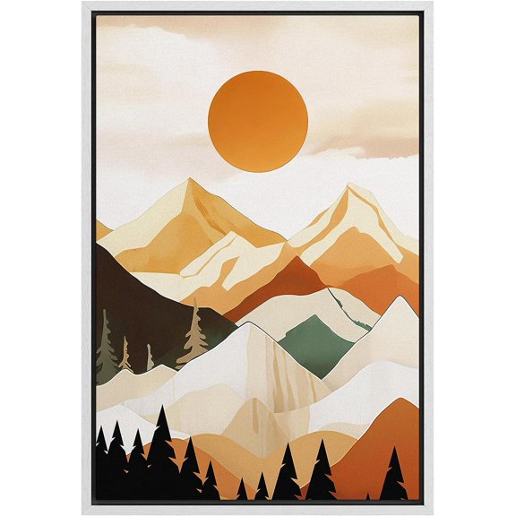PixonSign Framed Canvas Print Wall Art Orange Sunset Mountain Range Forest Landscape Nature Wilderness Illustrations Decorative Bohemian Multicolor Mid-Century Modern - 16"x24" White