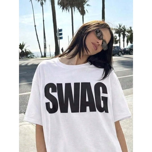 【New Arrival】Women Casual Graphic T-Shirt, SWAG Bold Big Letter Print Loose Crew Neck Hip Hop Streetwear Short Sleeve Tee