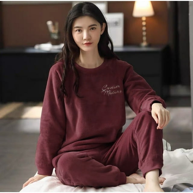Pyjama Femme Automne Hiver Coréen kawaii à Rayures Ensemble de Pyjama Flanelle Chaud Tenue de Nuit Femme Mode Pijama Mujer Vêtements de Maison Pyjamas