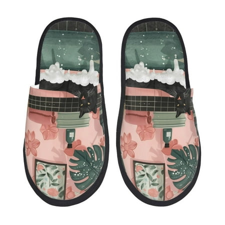 Balery Black Cat Pink Bathroom Slient Indoor Furry Fleece Comfort House Shoes Soft Non-Slip Home Shoes Cotton slippers House Slippers-- Large