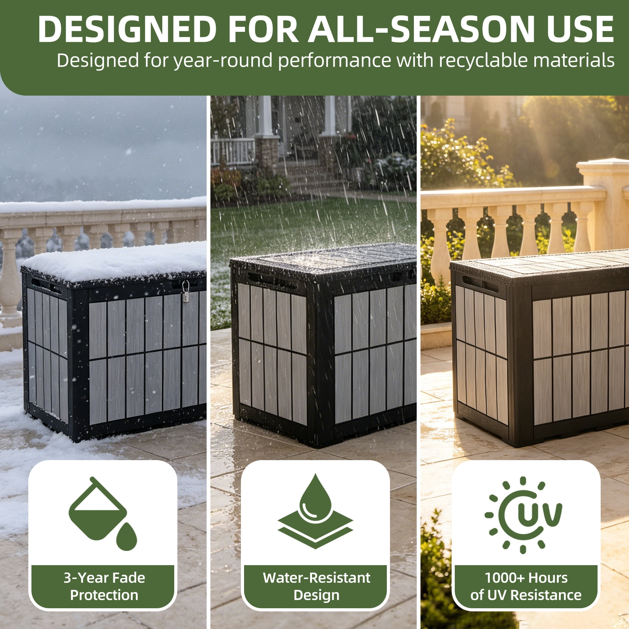 Uforic 134 Gallon Lockable Outdoor Deck Box, Waterproof Resin Storage Box with Hydraulic Support, Patio Storage Bench for Garden Pool Supplies, Black & Wood Grain Gray