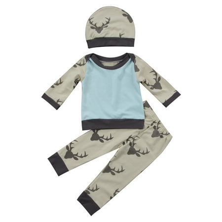 

Infant Baby 3Pcs Outfit Set Deer Head Printed Envelope Neckline Top+Elastic Band Pants+Beanie Hat