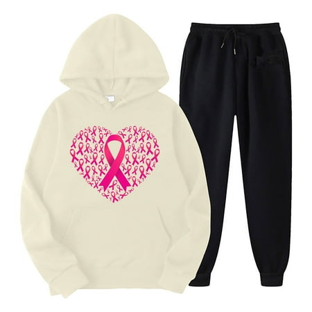 aohooy Hoodie Set Women Breast Cancer Hoodies Sets Women Pink Ribbon Awareness Long Sleeve Hoodie and Sweatpants Fall Jogger Two Piece Outfits Beige L