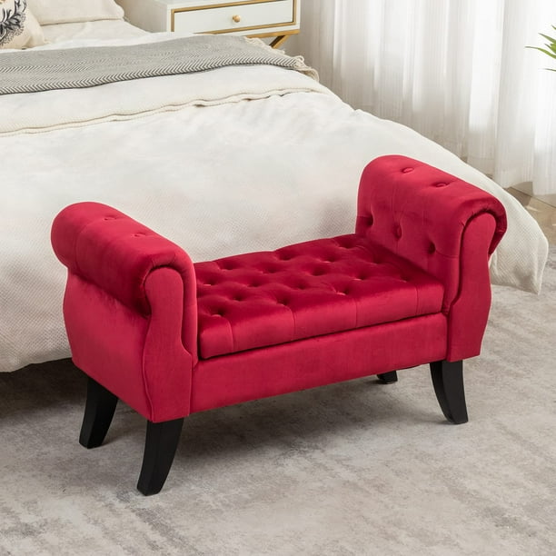 CQSXDA 40" Velvet Upholstered Button Storage Small Bench with Armrest