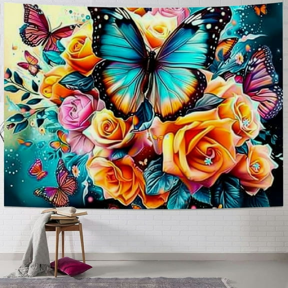 Patifu Butterfly Flowers Roses Tapestry Wall Hanging Unique Style Graphic Tapestries Home Wall Decor Art for Living Room Bedroom Apartment Farmhouse Dorm 40x30inch