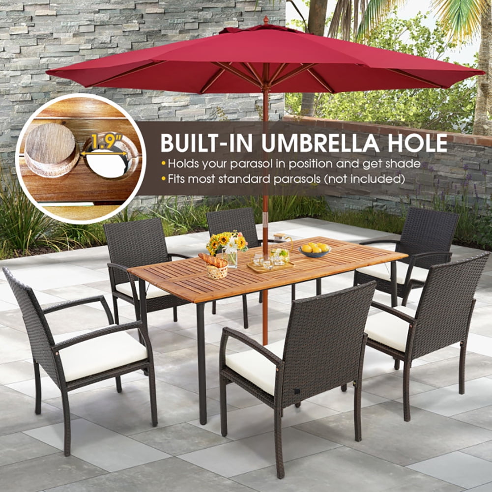 Aimee Lii Patio Acacia Wood Dining Table with Umbrella Hole and Metal Legs, Outdoor Patio Furniture