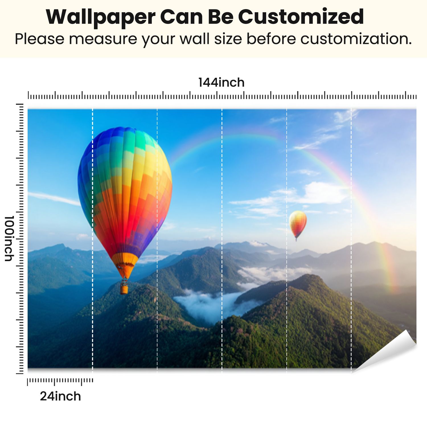 Peel and Stick Wallpaper Colorful Hot Air Balloons Floating Green Mountains Rainbow Blue Sky Modern Art Wall Mural Decor Self Adhesive and Removable 100in x 144in